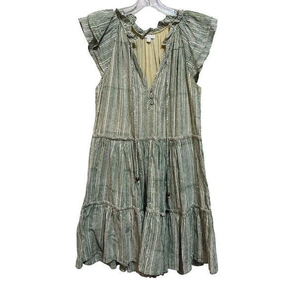 Anna Cate‎ Aimee Green/White Striped Cotton Tiered Ruffle Mini Dress Size S Boho - Picture 1 of 15